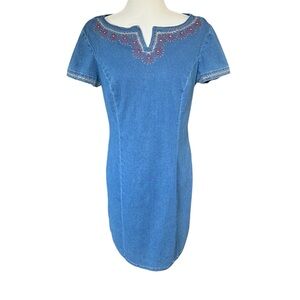 Vintage 90’s Robbie Bee Embroidered Boat Neck Denim Mini Sheath Dress size 10